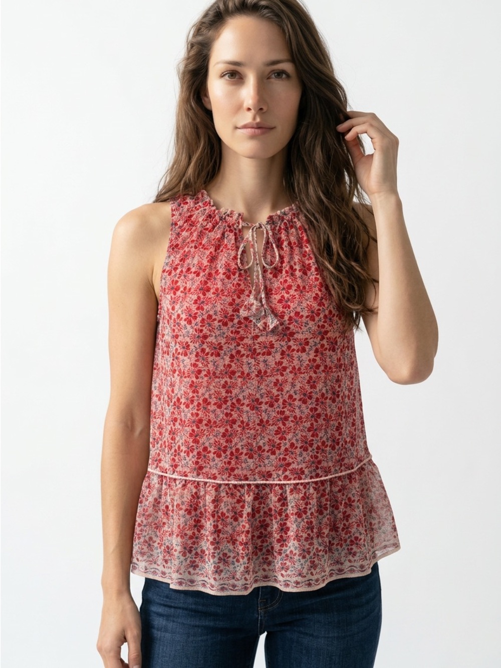Max Studio Women’s Sm Floral Mesh Overlay Peplum Tank Top Boho Cottage Prairie